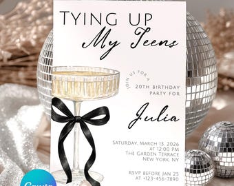 20th Birthday Invitation Template, Black Bow Birthday Party, Champagne Birthday Invite, Editable Canva