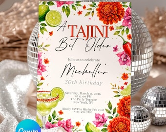 Plantilla de invitación "Un poco más viejo" de Tajini, invitación de cumpleaños con margarita picante, plantilla divertida de Canva para fiestas, invitación de 5x7 y para móviles.