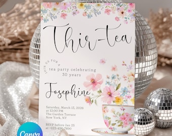Invitación de cumpleaños número 30 con temática de té, plantilla floral para fiesta de té en Canva