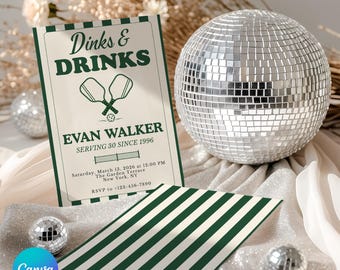 Invitación de cumpleaños con temática de pickleball, invitación a fiesta de cócteles y bebidas, rayas verdes (descarga digital)