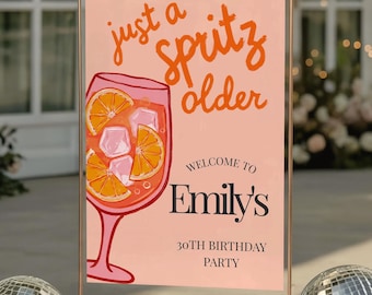 Plantilla de letrero de bienvenida para mayores "Just A Spritz", letrero para fiesta de cumpleaños número 30 con Aperol Spritz, póster de lienzo de cóctel naranja, 18x24 24x36