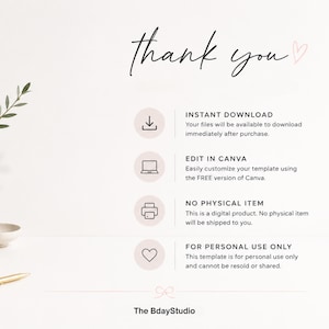 May include: A digital template information graphic with the text thank you and a small pink heart. It lists four points: INSTANT DOWNLOAD, EDIT IN CANVA, NO PHYSICAL ITEM, and FOR PERSONAL USE ONLY, each accompanied by a circular icon.
