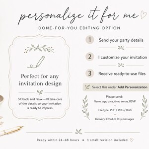 May include: An informational graphic titled personalize it for me with a done-for-you editing option. It outlines a three-step process for invitation customization, including instructions to send party details, receive files, and select add personalization.