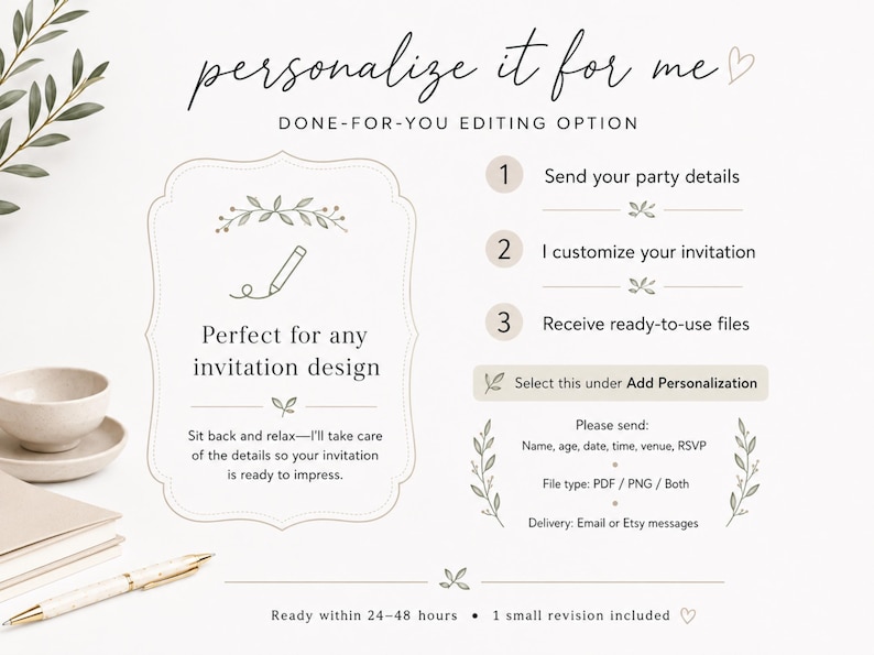 May include: An informational graphic titled personalize it for me with a done-for-you editing option. It outlines a three-step process for invitation customization, including instructions to send party details, receive files, and select add personalization.