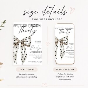 Spotted Turning Thirty Invitation Template, 30th Birthday Invite, Polka Dot Bow Birthday Canva Template image 4