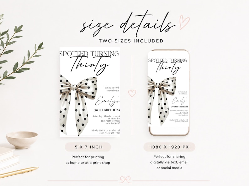 Spotted Turning Thirty Invitation Template, 30th Birthday Invite, Polka Dot Bow Birthday Canva Template image 4