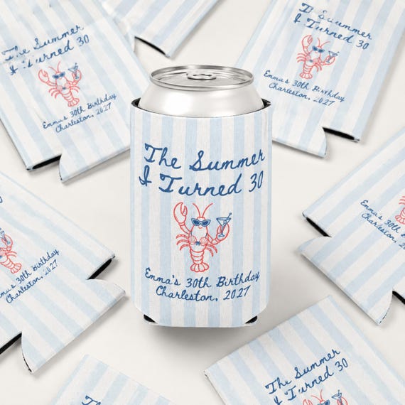 The Summer I Turned 30 Can Cooler, Personalized Birthday Can Sleeve, Beach 30th Birthday Favor, Custom Koozie, Girls Trip Favor