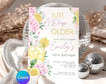 Invitación "Just a Drop Older", invitación de cumpleaños "Pink Lemonade", plantilla para fiesta de 30 años (descarga digital)