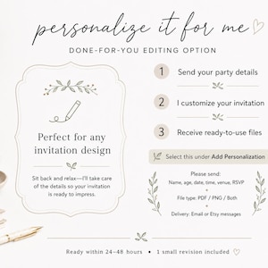 May include: An informational graphic titled personalize it for me with a done-for-you editing option. It outlines a three-step process for invitation customization, listing requirements like name, age, date, time, venue, and RSVP details.