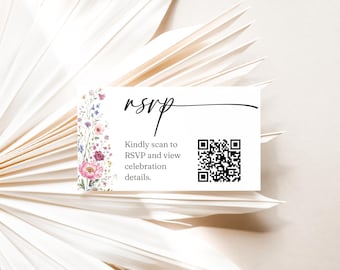 Tarjetas con código QR para RSVP y lista de deseos de Blooming Into Thirty, tarjetas de cumpleaños de 3.5x2 pulgadas, plantilla editable de Canva.