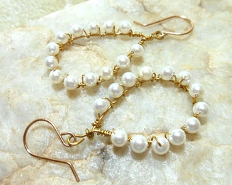 Large dangle earrings, gold and white pearl, handmade earrings with 14 karat gold earring wires