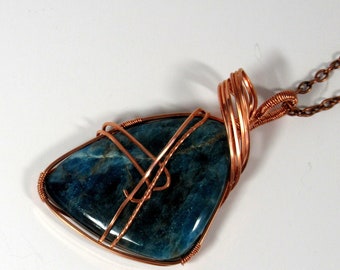 Blue apatite copper wire wrapped pendant necklace, large fabulous apatite pendant, square copper wire, copper chain pendant necklace