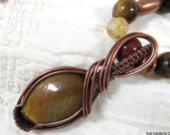 Tiger eye antique copper wire wrapped pendant necklace with brown, blue, red and green tiger eye, rutilated quartz and copper spacers