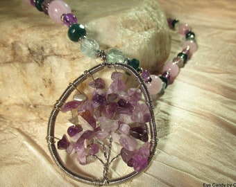 Amethyst tree of life pendant necklace with emerald, fluorite, amethyst, pink morganite and silver, with fine quality white bronze toggle