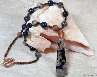 Orange Sodalite and Lapis Lazuli necklace, Deep Blue and Orange necklace with long pendant, and copper wire, copper toggle
