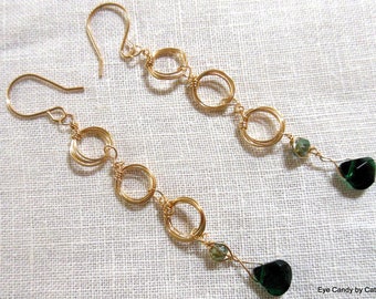 Green quartz and gold wire earrings, long earrings with 14 karat gold-filled wire, shoulder duster earrings, beautiful wire wrapped jewelry