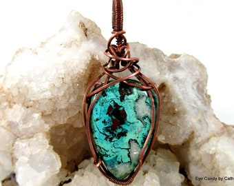 Azurite pendant necklace, wire wrapped with square copper wire, including copper chain