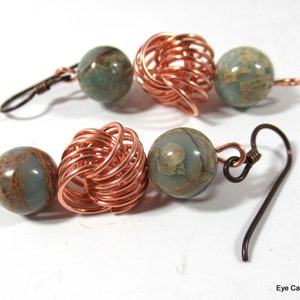 African opal love knot earrings, gorgeous blue opal beads with handmade copper love knots and hypoallergenic niobium earring wires