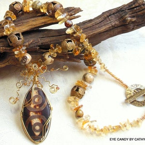 Brown and gold necklace, African look necklace, Wire wrapped pendant necklace