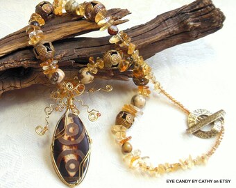 Brown and gold necklace, African look necklace, Wire wrapped pendant necklace