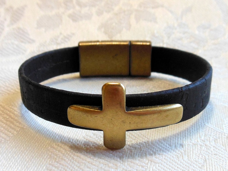 Black cork cross bracelet, Portuguese cork in black with antique brass cross and magnetic clasp, unisex bracelet, waterproof and vegan image 1