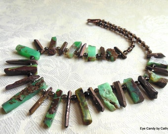 Gorgeous chrysoprase necklace, green and brown necklace, boho style rough sticks, smoky quartz, electroplated quartz sticks, copper toggle