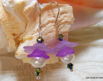 Pearl flower earrings, gorgeous white pearls, lavender and purple lucite flower petals, AZ crystal bicones, argentium sterling ear wires
