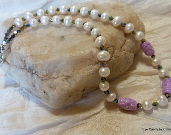 Gorgeous white pearls and lavender carved shell necklace with iridescent glass spacers and white bronze fancy toggle