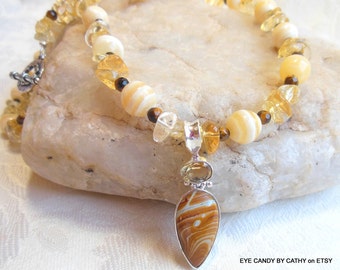 Citrine necklace, silver necklace, pendant necklace, tigereye, Mexican laguna jasper sterling silver pendant, shades of brown and gold