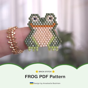 May include: A beaded frog ring in shades of green, beige, and orange. The frog is made with small beads and has black eyes. The ring is held up by a finger. The text "FROG PDF Pattern" is visible.