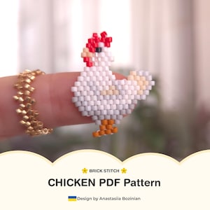 May include: A beaded chicken ring with a red comb, white body, and orange feet. The ring is made of small, colorful beads. The text "CHICKEN PDF Pattern" is displayed below the ring.