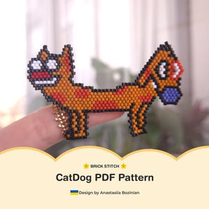Patrón de broche de cuentas CatDog | Joyería con punto ladrillo (PDF + videotutorial (subtítulos en inglés))