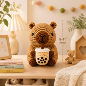 Peut inclure: Une peluche capybara au crochet faite à la main, d'environ 20-28 cm de haut, tenant un thé boba. La peluche est marron avec un museau brun foncé et de petits yeux noirs. La tasse de thé boba est blanche et beige avec des perles de boba noires.