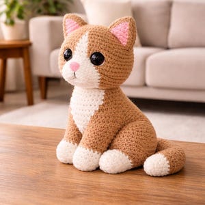 May include: A crocheted cat figurine in shades of brown and white, with pink accents on the ears and nose. The cat has large, black eyes and is sitting on a wooden surface. The handmade cat is a decorative item.