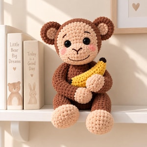 Nybörjarmönster för virkad apa i PDF-format, Amigurumi-plysch med banan (nedladdning direkt)