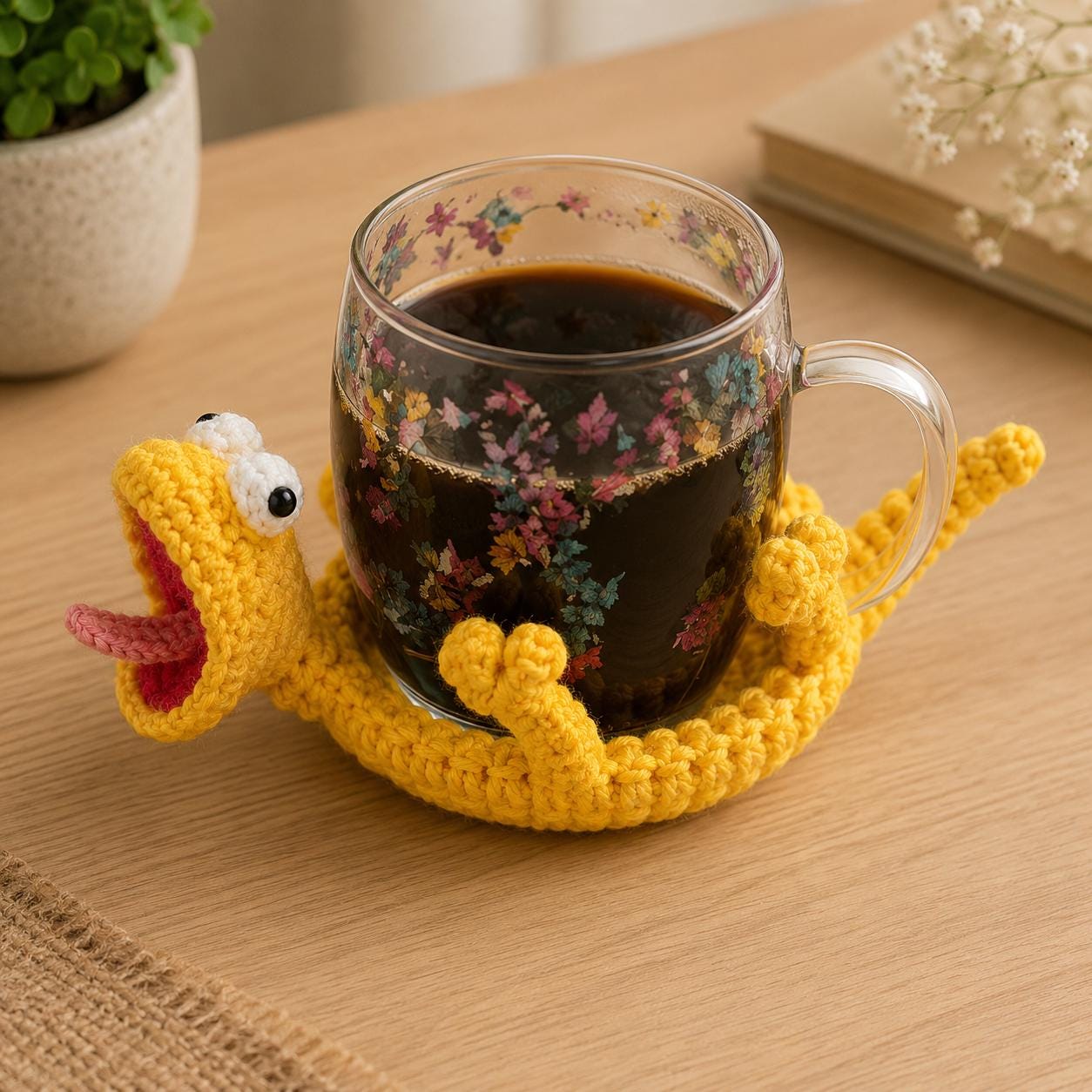 39 Lizard Crochet Patterns for Amigurumi Fans, Gifts, and Quirky Handmade Decor 37 Yellow Lizard Popping Crochet Coaster
