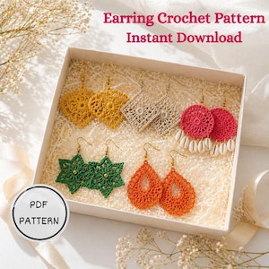 May include: A collection of handmade crochet earrings in a gift box. The earrings are in various shapes and colors, including yellow, beige, red, green, and orange. The box also contains the text "Earring Crochet Pattern Instant Download" and a "PDF Pattern" button.