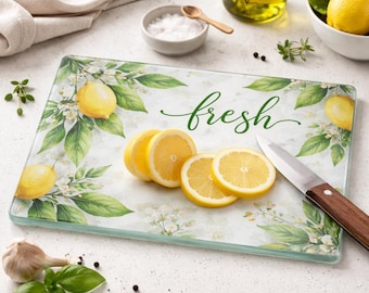 Tabla de cocina de vidrio estampada con diseño de frutas de temporada - Superficie templada duradera de 8x12 para la preparación de alimentos - Plato individual de vidrio botánico