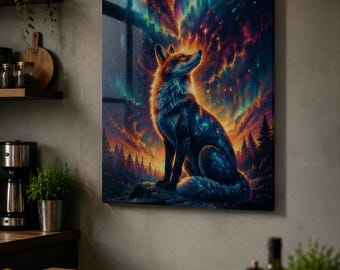 Dreamy Celestial Fox Glass Wall Art, Northern Lights Aurora Explosion, Mystical Wildlife Tempered Print