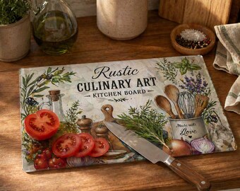 Protector de encimera de vidrio rústico para arte culinario, tabla de cocina individual de vidrio templado, superficie de preparación de alimentos artesanal.