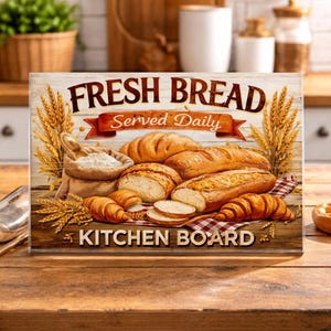 May include: A wooden kitchen board with the words "Fresh Bread Served Daily" and "Kitchen Board" printed on it. The board features illustrations of various breads, croissants, and a bag of flour, with wheat stalks on either side.
