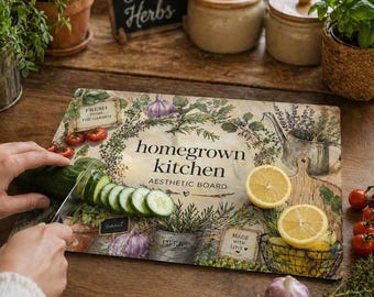 Homegrown Botanical Glass Prep Board, 8x12 Tempered Glass Kitchen Surface, Farm-to-Table Culinary Accent