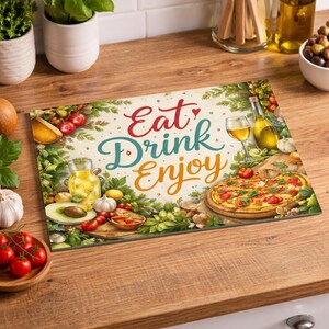 Eat Drink Enjoy Glass Prep Board | Single Tempered Kitchen Art | Gourmet Server | Housewarming Gift 8x12