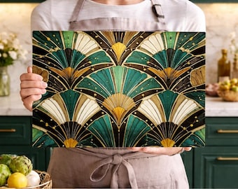 Superficie de preparación de vidrio templado geométrico Art Déco / Tabla de cocina individual de 8x12