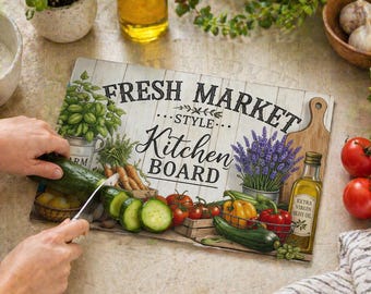 Tabla de cortar de vidrio Fresh Market, superficie de preparación de cocina de la granja a la mesa, plato de charcutería de vidrio templado de 8x12 pulgadas