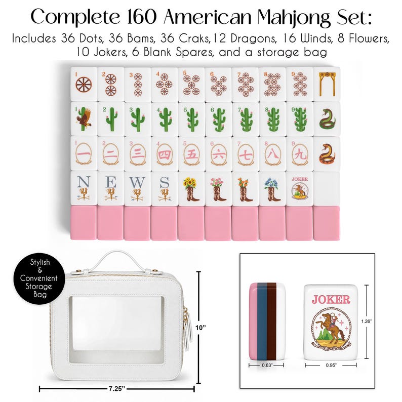 May include: A complete 160-piece American Mahjong set with white tiles featuring colorful icons, numbers, and letters. Includes a white storage bag measuring 10 inches by 7.25 inches and tiles measuring 1.26 inches by 0.95 inches by 0.63 inches.