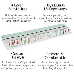 May include: A set of white mahjong tiles with pastel green backs arranged on a white rack. The tiles feature colorful illustrations including flamingos, swimsuits, beach umbrellas, and plants. Text on the image reads 4 Layer Acrylic Tiles, High Quality UV Engravings, Custom Designs, and Smooth & Comfortable.