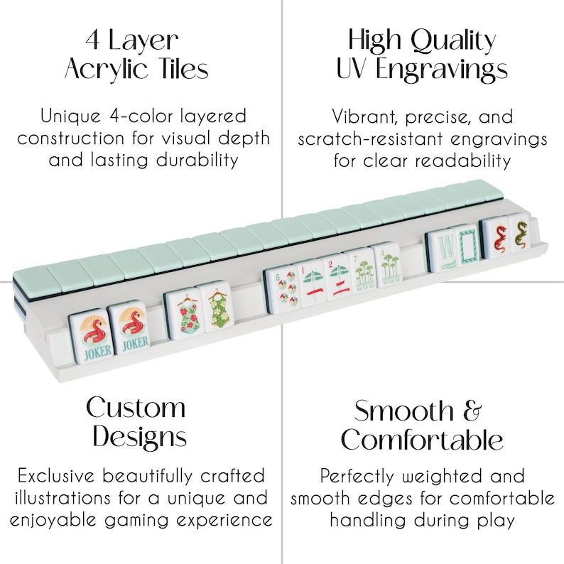 May include: A set of white mahjong tiles with pastel green backs arranged on a white rack. The tiles feature colorful illustrations including flamingos, swimsuits, beach umbrellas, and plants. Text on the image reads 4 Layer Acrylic Tiles, High Quality UV Engravings, Custom Designs, and Smooth & Comfortable.