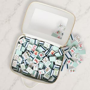 May include: A white zippered carrying case with a clear window lid, filled with a collection of rectangular mahjong tiles. The tiles feature various colorful illustrations, including palm trees, flamingos, and Chinese characters in pastel tones.