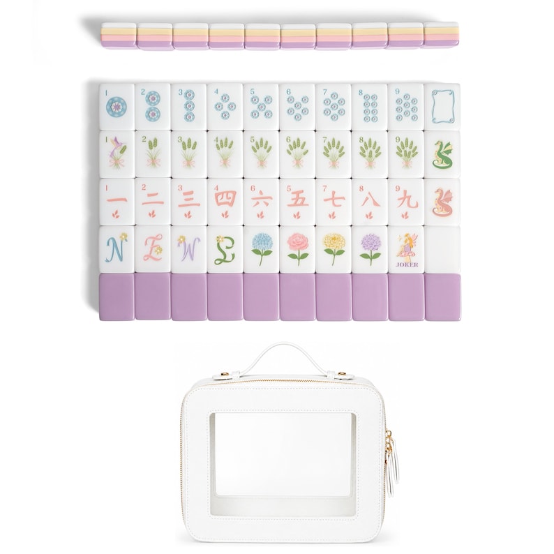 May include: A set of rectangular mahjong tiles featuring pastel-colored floral, numerical, and character designs with lavender backs, accompanied by a white carrying case with a clear front window and a top handle for storage and transport.